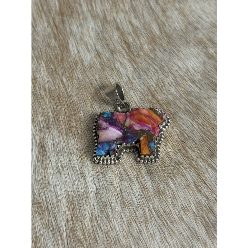 Native American SW Sterling Silver Pink Dahlia Turquoise Cow Steer Bull Pendant - Picture 3 of 7